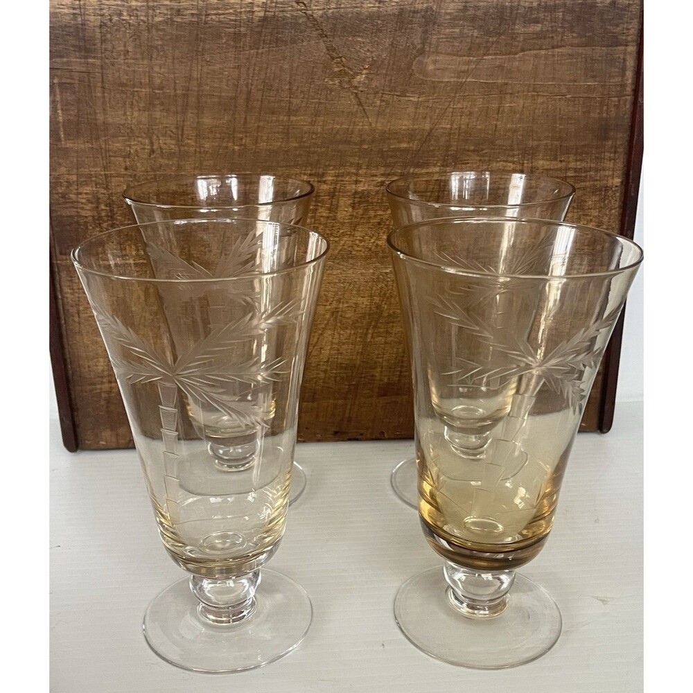 Set of 4 Etched Palm Tree Footed Iced Tea Glasses Amber Tint ~7"